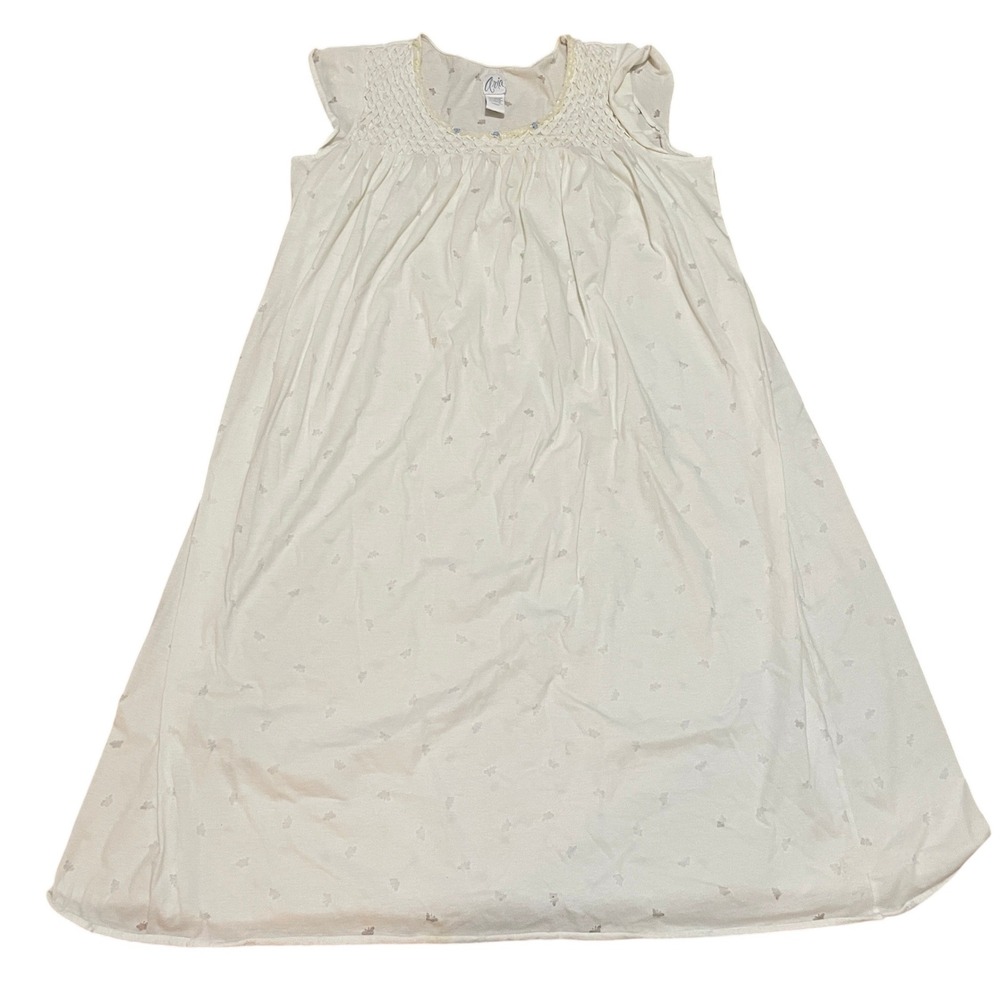 VTG Aria Women's L White Cottage Prairie Pointelle Smocked Nightgown Sleeveless